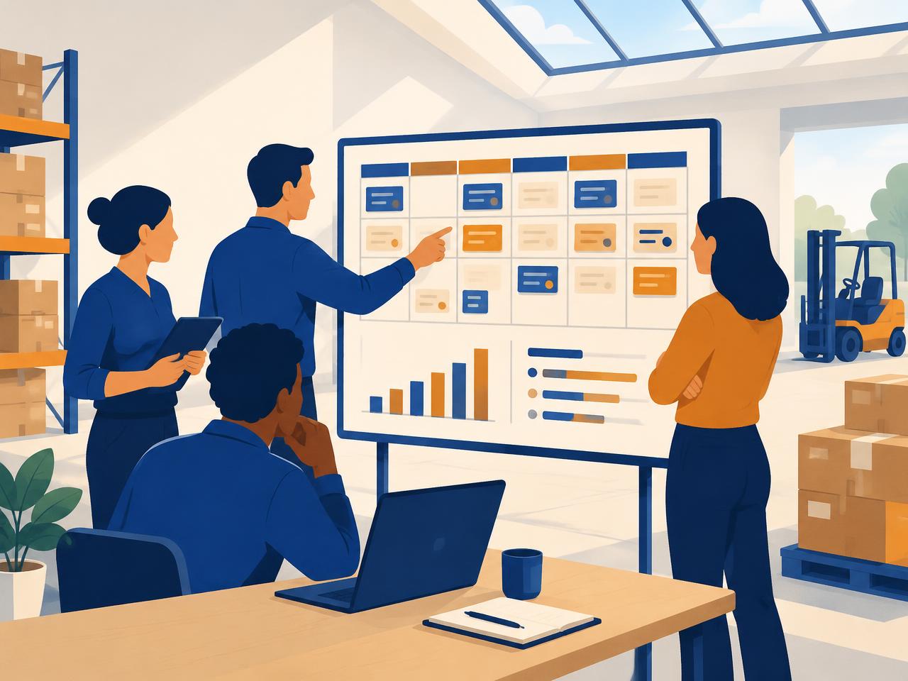 Minh họa: nhóm điều hành xem lại bảng kế hoạch tuần cùng nhau
