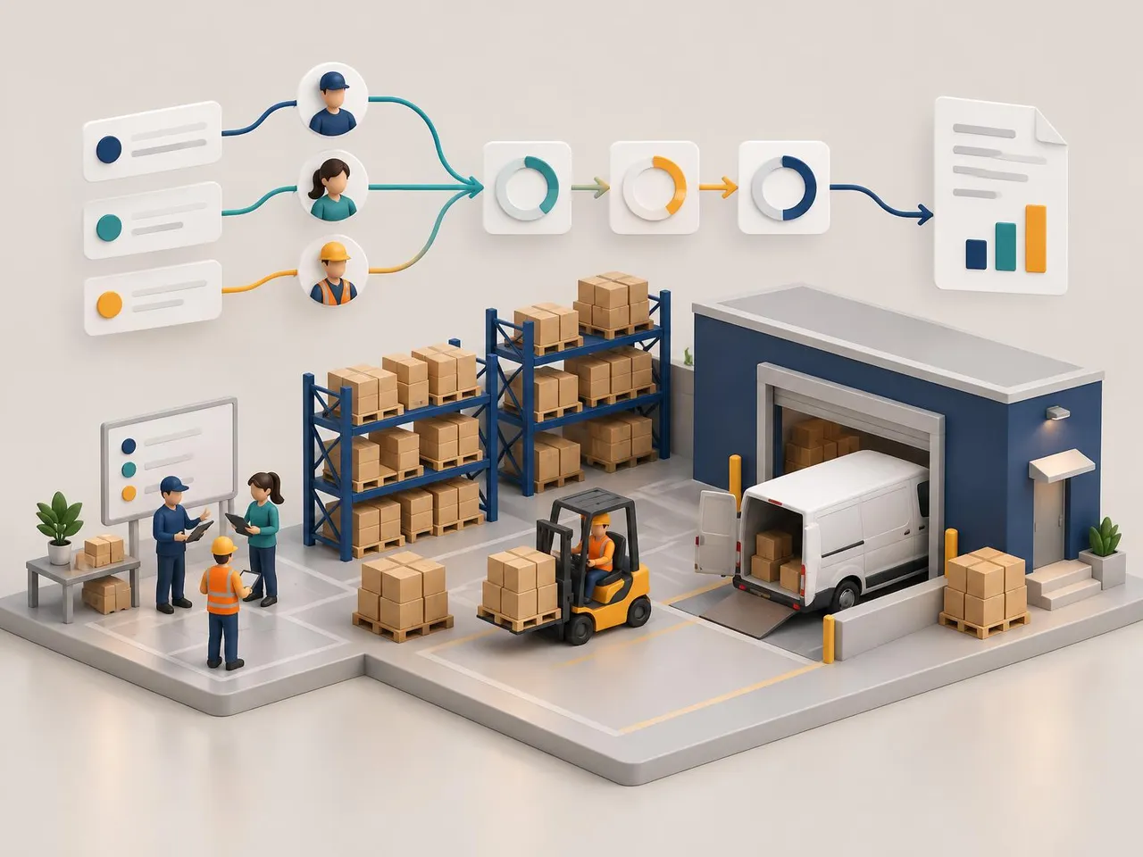 Minh họa 3D: kho vận thu nhỏ với nhiệm vụ được giao đến từng người, các mốc tiến độ và bản báo cáo tổng hợp